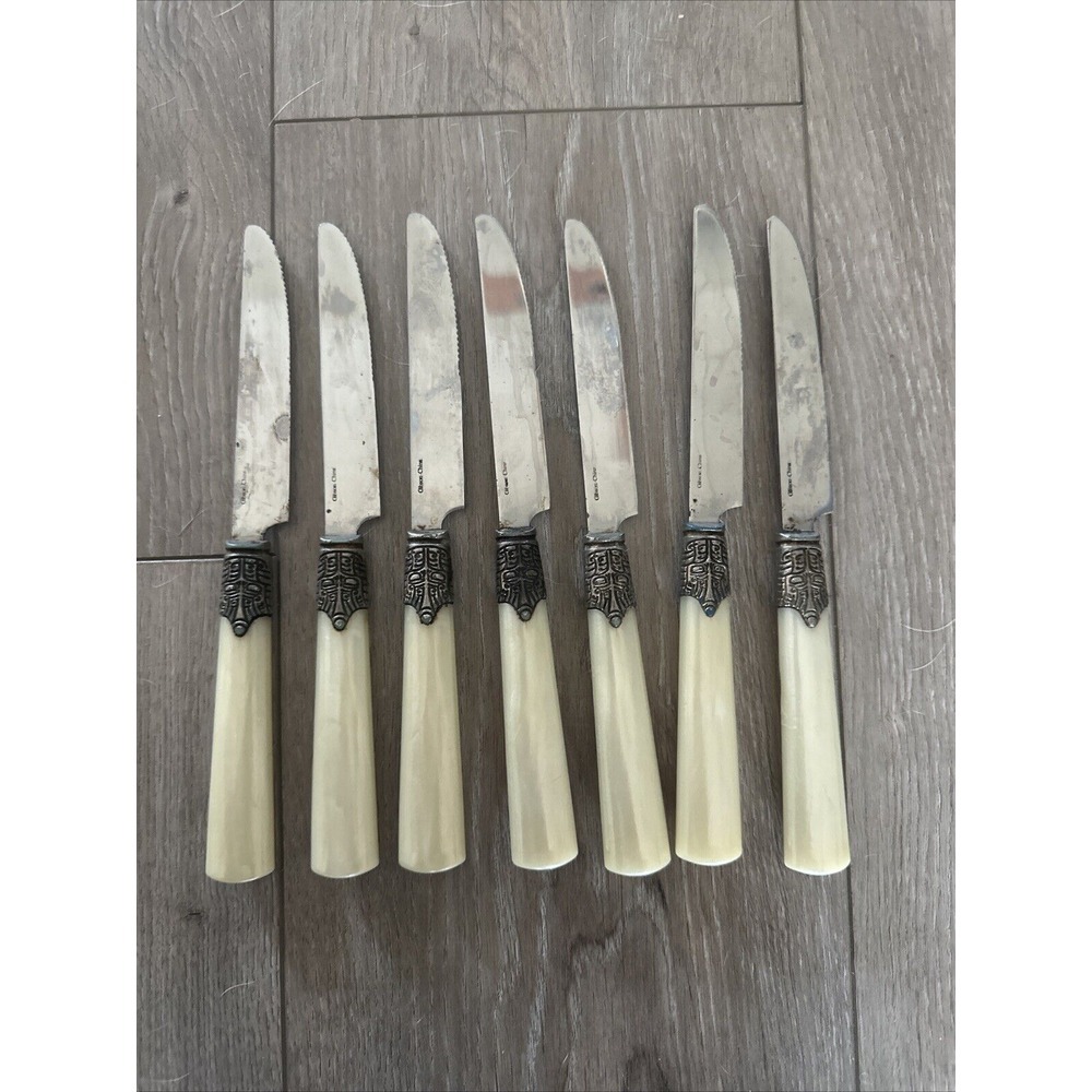 Vintage Gibson‎ Roseland White Stainless Flatware, Dinner Table Knife Set of 7